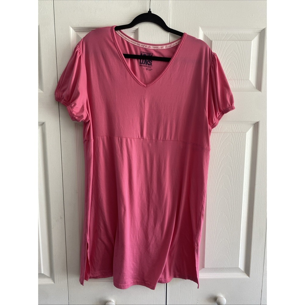 Muk Luks‎ Puff Sleeve Womens Large Pink V Neck Dress Travel Comfort